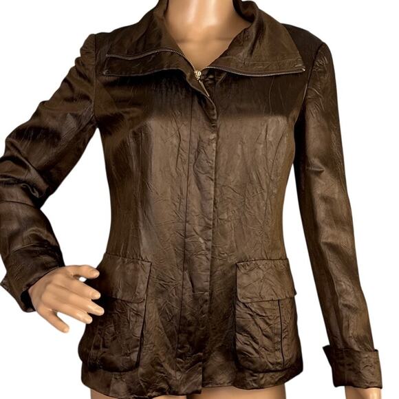 Lafayette 148 Brown Leather Look Full Zip Jacket Satin Feel Lined SZ 0 Designer - Picture 1 of 10